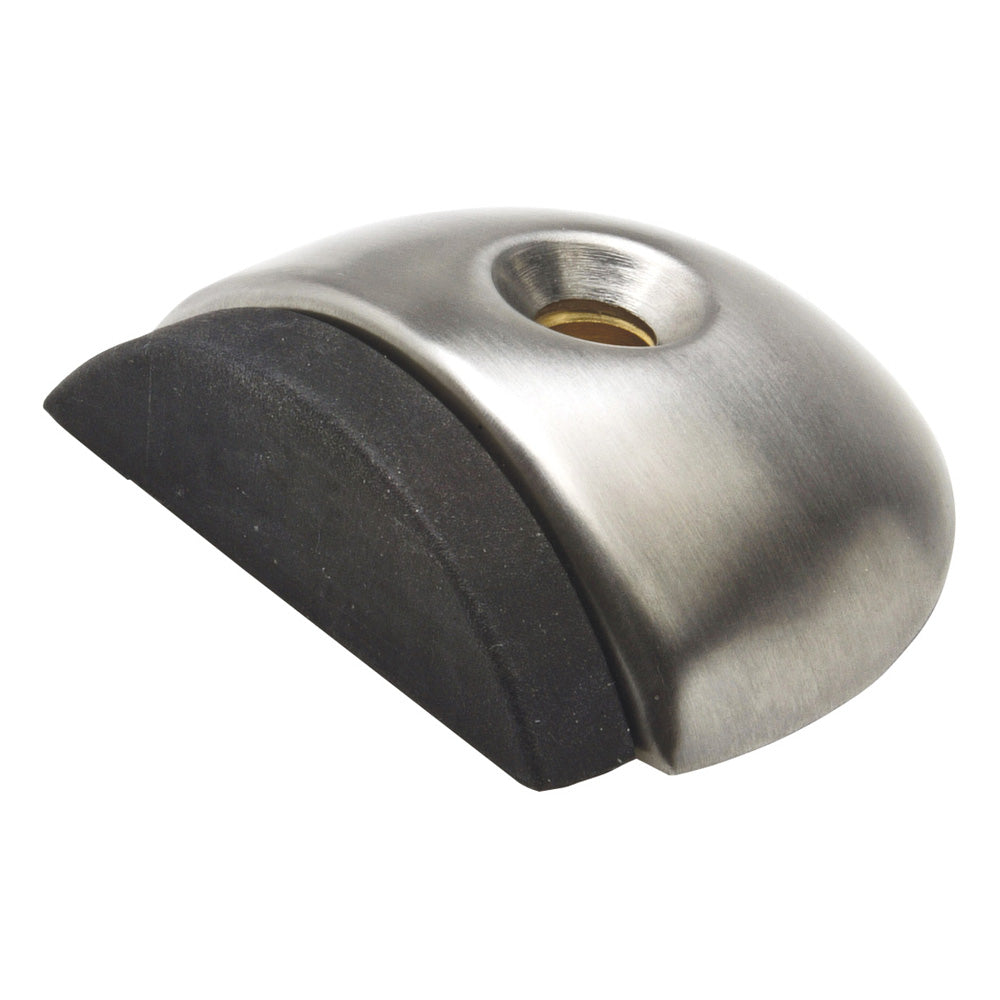 Bodentürstopper flach, halbrunde Form aus Edelstahl mit integriertem, schwarzen Gummipuffer an einer Außenseite