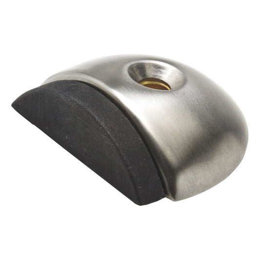 Bodentürstopper flach, halbrunde Form aus Edelstahl mit integriertem, schwarzen Gummipuffer an einer Außenseite