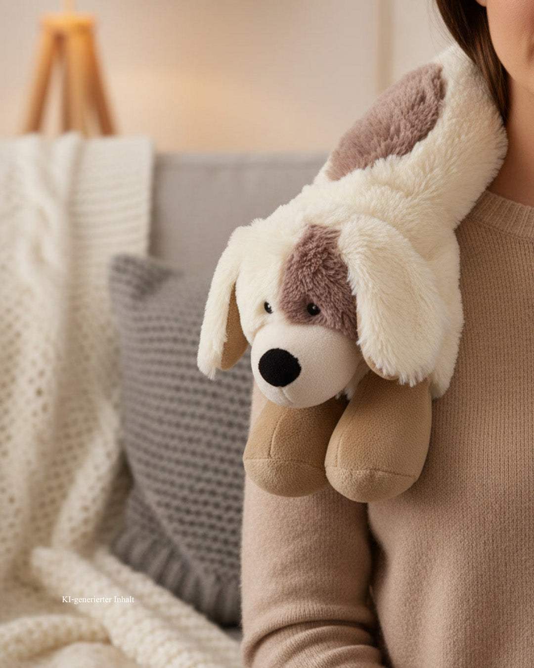 Warmies Multi Hot-Pak Hund, liegend, weiß-braun, mikrowellengeeignetes Wärmestofftier, das Wärme speichert und angenehm duftet, Anwendungsbild