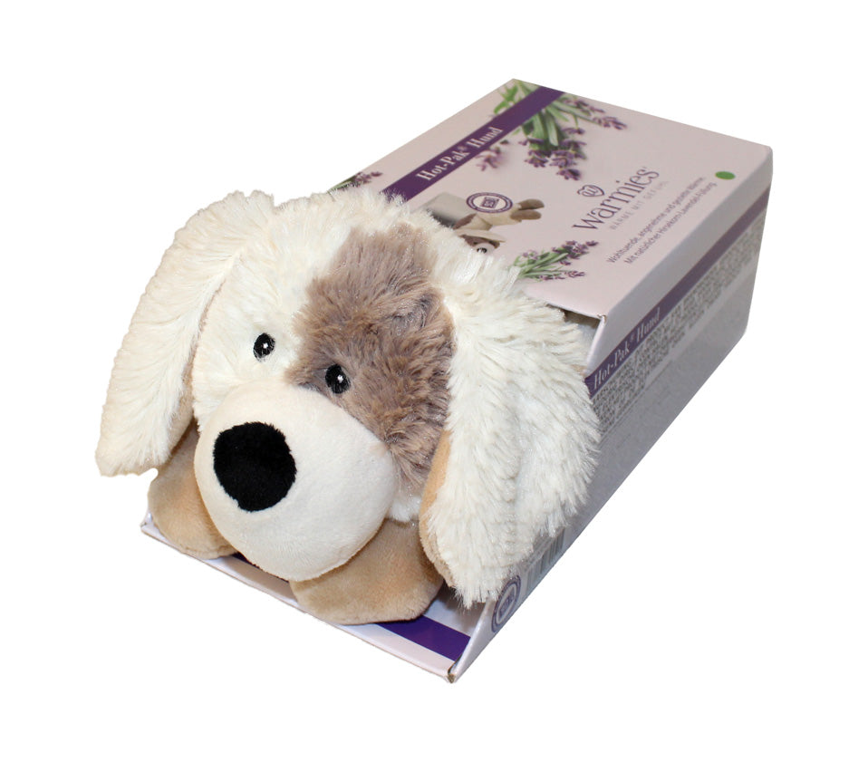 Warmies Multi Hot-Pak Hund, liegend, weiß-braun, mikrowellengeeignetes Wärmestofftier, das Wärme speichert und angenehm duftet, in Verpackung