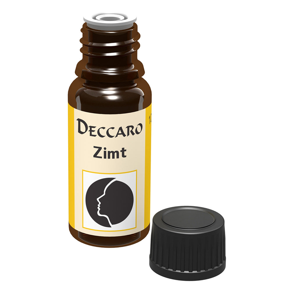 DECCARO Aromaöle zur Wohnraum-Aromatisierung. Inhalt 10ml, Parfüm-Öl Duftrichtung Zimt, geöffnete Flasche