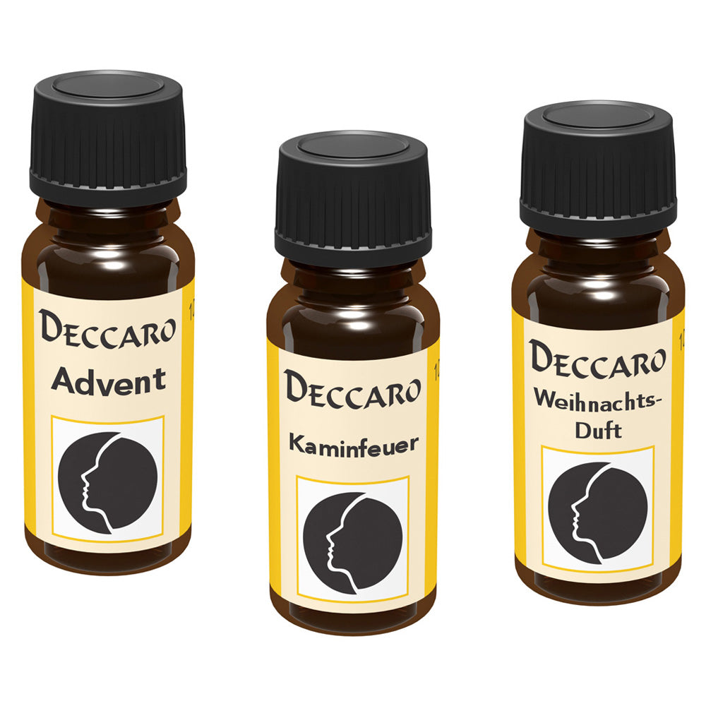 DECCARO Aromaöle zur Wohnraum-Aromatisierung. 3er Set,  Inhalt 3x 10ml, Parfüm-Öl Duftrichtungen Kaminfeuer, Advent und Weihnachtsduft, geschlossene Flaschen