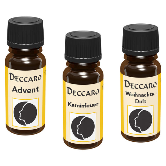 DECCARO Aromaöle zur Wohnraum-Aromatisierung. 3er Set,  Inhalt 3x 10ml, Parfüm-Öl Duftrichtungen Kaminfeuer, Advent und Weihnachtsduft, geschlossene Flaschen