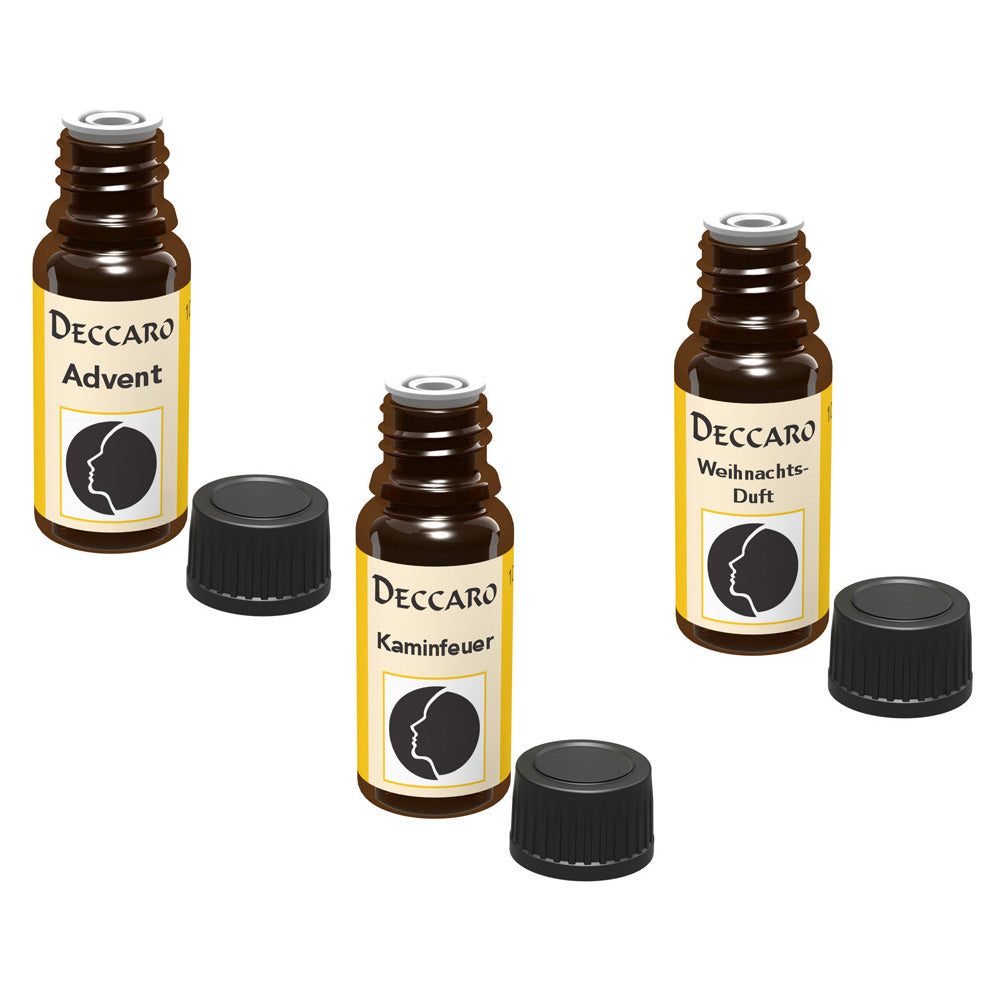 DECCARO Aromaöle zur Wohnraum-Aromatisierung. 3er Set,  Inhalt 3x 10ml, Parfüm-Öl Duftrichtungen Kaminfeuer, Advent und Weihnachtsduft, geöffnete Flaschen