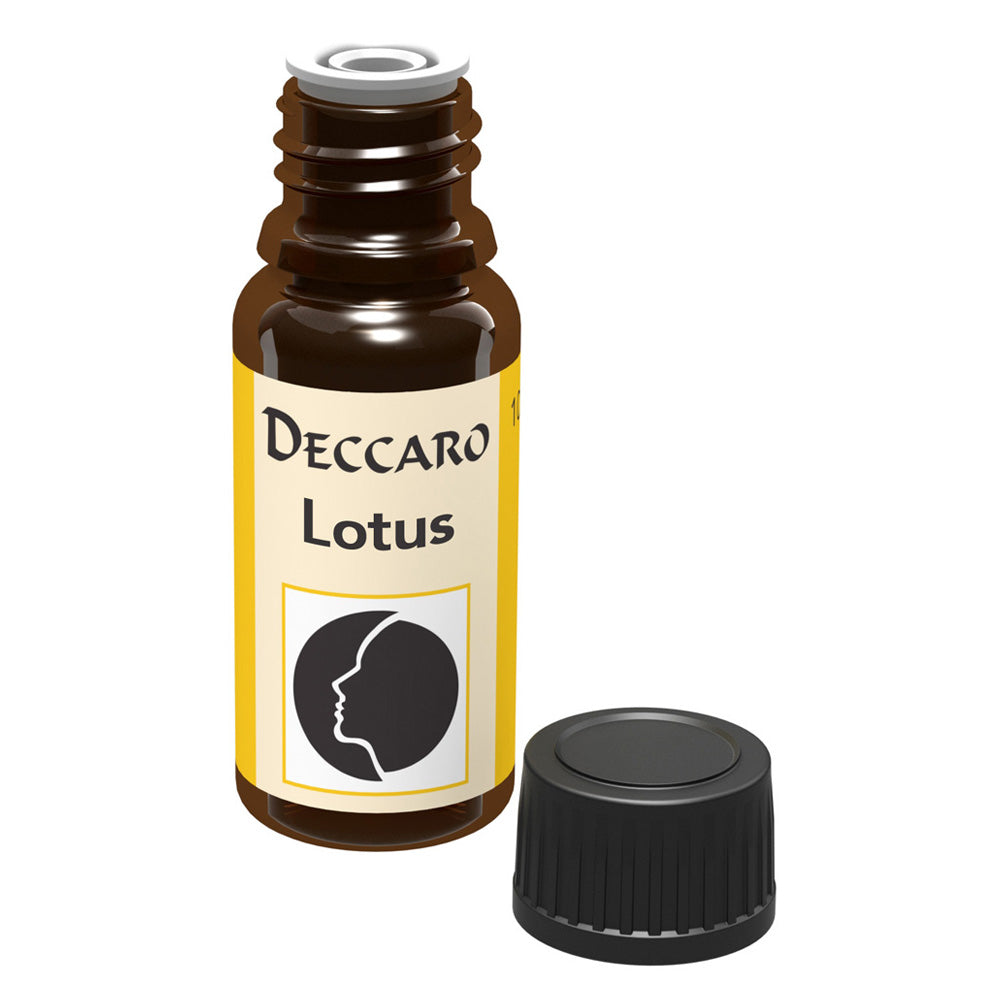 DECCARO Aromaöle zur Wohnraum-Aromatisierung. Inhalt 10ml, Parfüm-Öl Duftrichtung Lotus, geöffnete Flasche