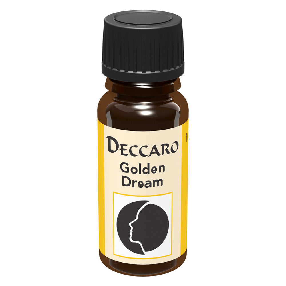 DECCARO Aromaöle zur Wohnraum-Aromatisierung. Inhalt 10ml, Parfüm-Öl Duftrichtung Golden Dream, geschlossene Flasche