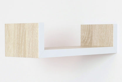Wandregal 3er Set aus Naturholz sind in trendig, schlichtem Kontrastdesign und in natürlicher Holzoptik hergestellt. Das Holz ist furniert und mit kräftig weiß lackierten Kanten versehen. 