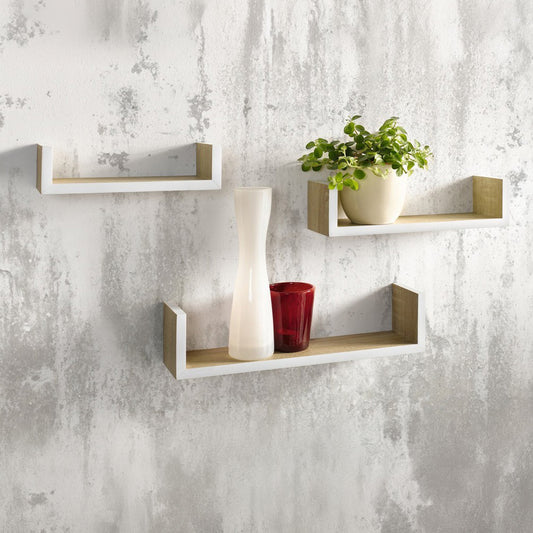 Wandregal 3er Set aus Naturholz sind in trendig, schlichtem Kontrastdesign und in natürlicher Holzoptik hergestellt. Das Holz ist furniert und mit kräftig weiß lackierten Kanten versehen. 