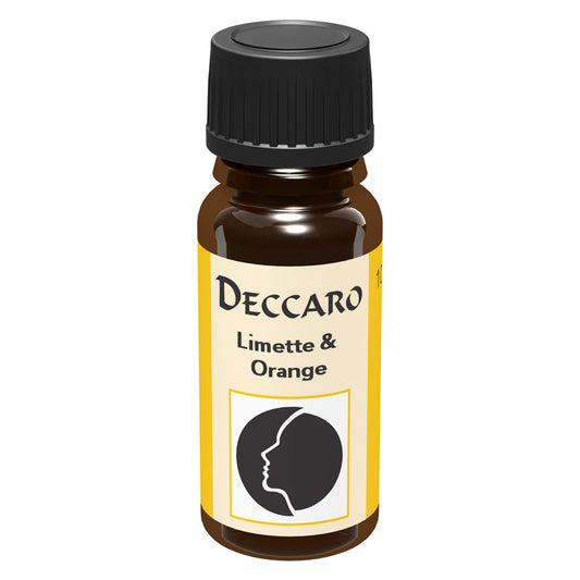 DECCARO Aromaöle zur Wohnraum-Aromatisierung. Inhalt 10ml, Parfüm-Öl Duftrichtung Limette & Orange, geschlossene Flasche