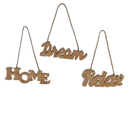 Deko Schriftzug-Hänger "Relax", "Home" & "Dream" sind aus dem naturbelassenen Holz des Mangobaumes gefertigt und verfügen über eine Kordel zum Aufhängen.