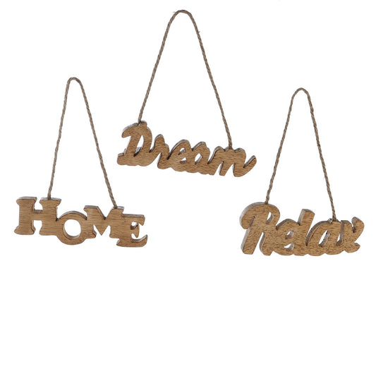 Deko Schriftzug-Hänger "Relax", "Home" & "Dream" sind aus dem naturbelassenen Holz des Mangobaumes gefertigt und verfügen über eine Kordel zum Aufhängen.
