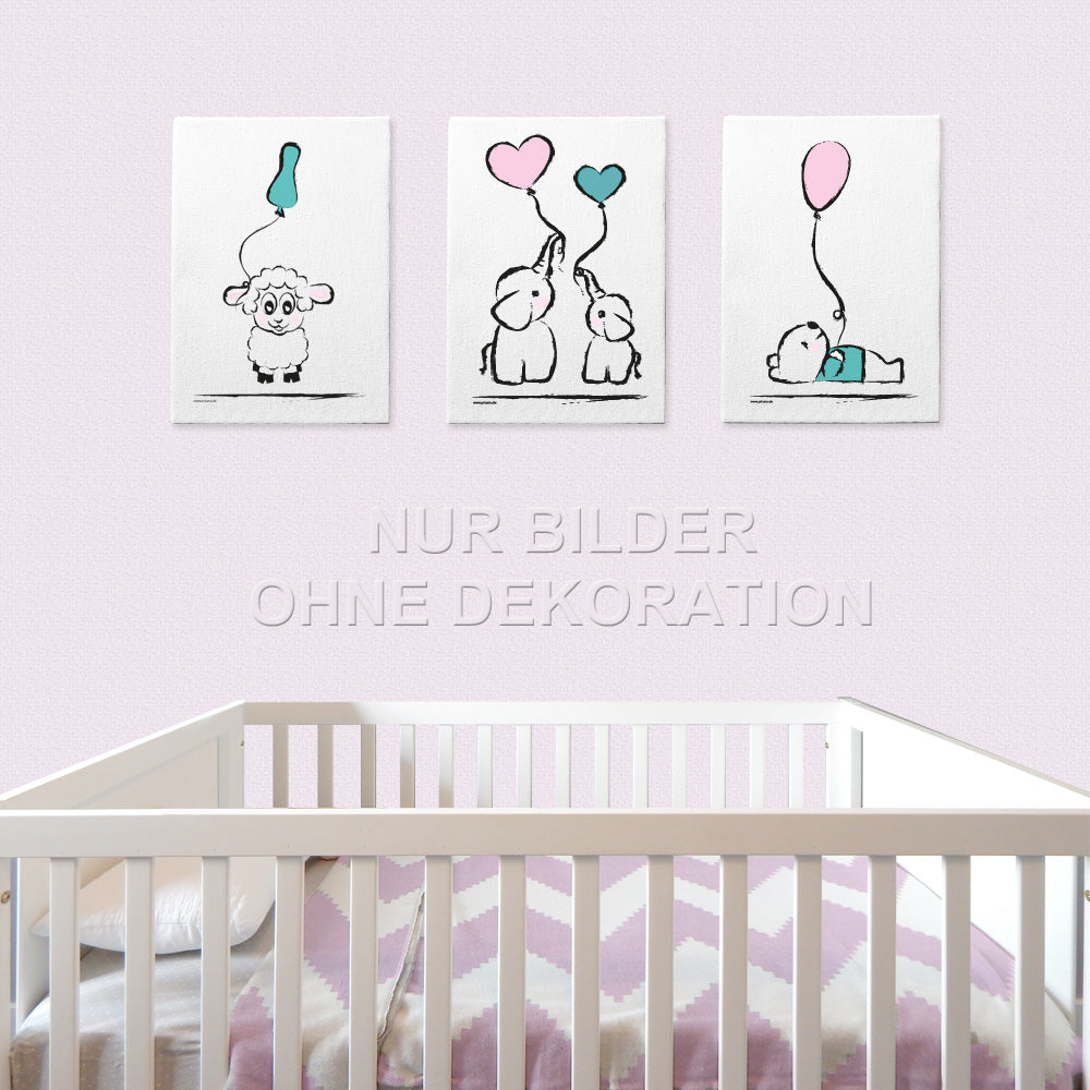 leinwand set "baby-girl", 3 verschiedene motive (schaf, bär, elefanten - mit luftballons), weiß-rosa, türkisfarbene optik in kinderzimmer auf rosa tapete