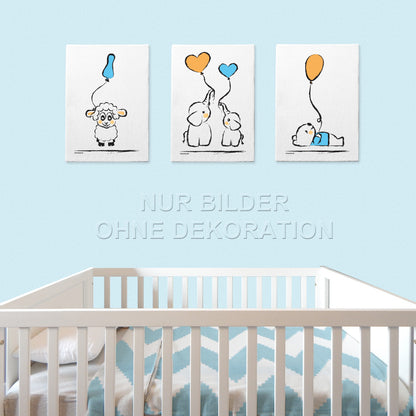 leinwand set "baby-boy", 3 verschiedene motive (schaf, bär, elefanten - mit luftballons), weiß-orange,blaue optik, in kinderzimmer mit blauer tapete