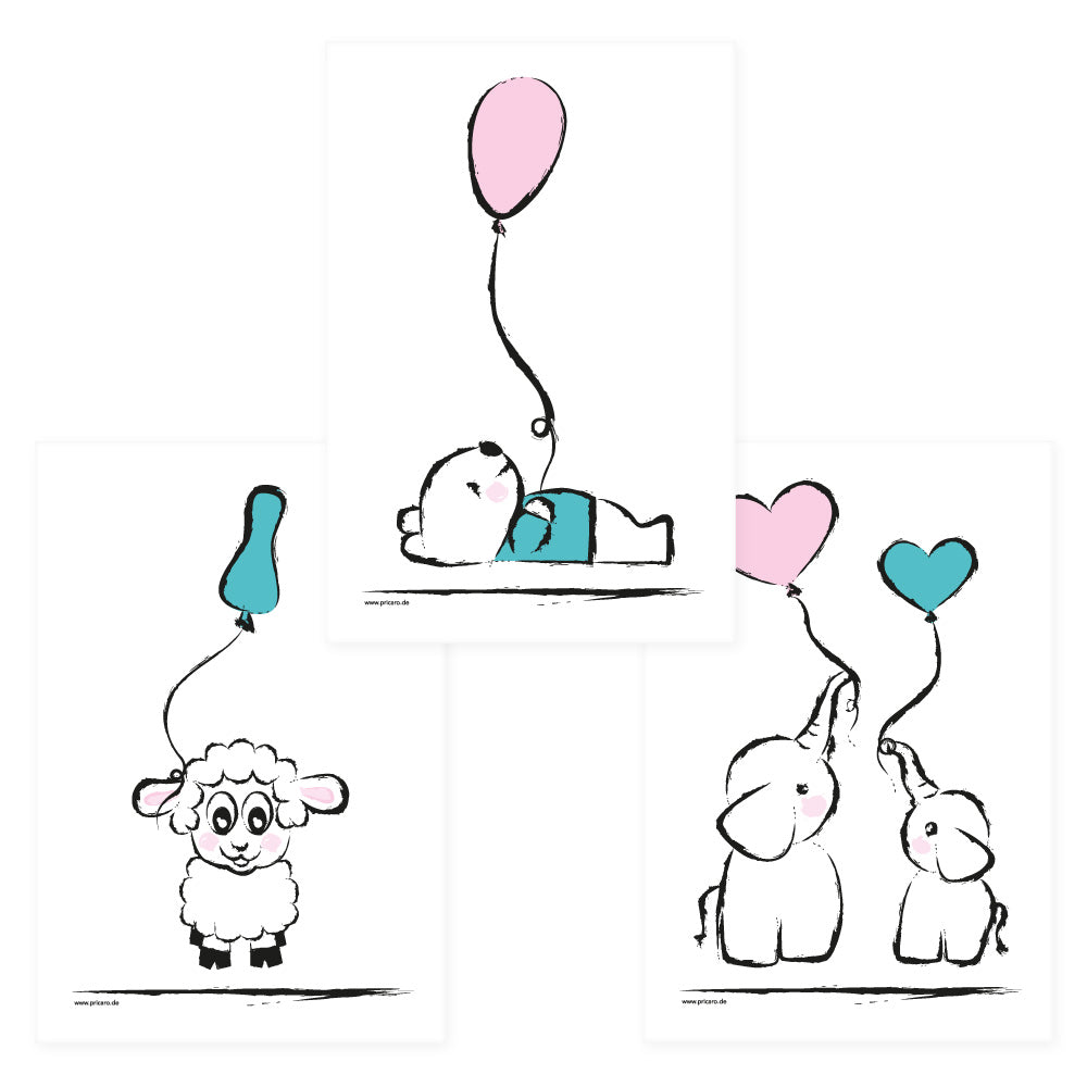 posterset "baby-girl", 3 verschiedene motive (schaf, bär, elefanten - mit luftballons), weiß-rosa, türkisfarbene optik