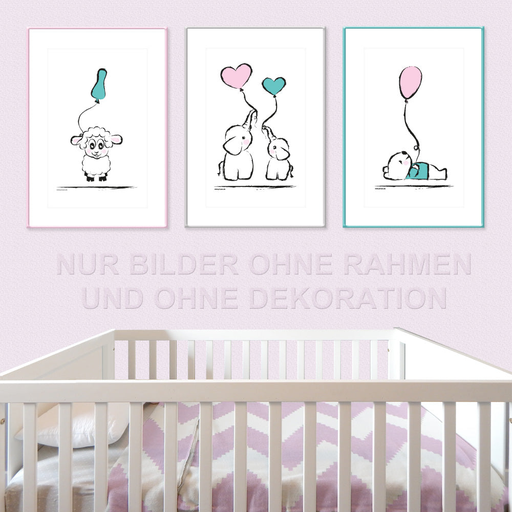 posterset "baby-girl", 3 verschiedene motive (schaf, bär, elefanten - mit luftballons), weiß-rosa, türkisfarbene optik, in kinderzimmer auf rosa tapete