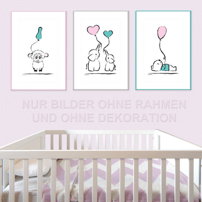 posterset "baby-girl", 3 verschiedene motive (schaf, bär, elefanten - mit luftballons), weiß-rosa, türkisfarbene optik, in kinderzimmer auf rosa tapete