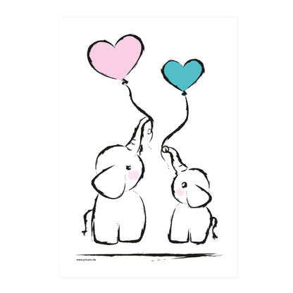 poster set "baby-girl", motiv elefanten mit luftballons, weiß-rosa, türkise optik