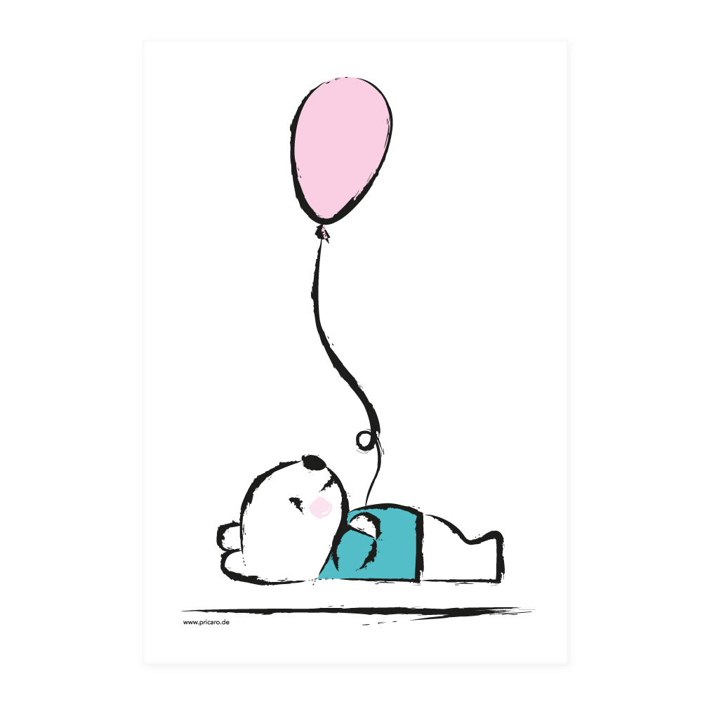 posterset "baby-girl", motiv teddybär mit luftballon, weiß-rosa, türkisfarbene optik