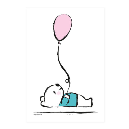 posterset "baby-girl", motiv teddybär mit luftballon, weiß-rosa, türkisfarbene optik