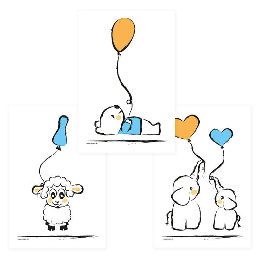 posterset "baby-boy", 3 verschiedene motive (schaf, bär, elefanten - mit luftballons), weiß-orange,blaue optik