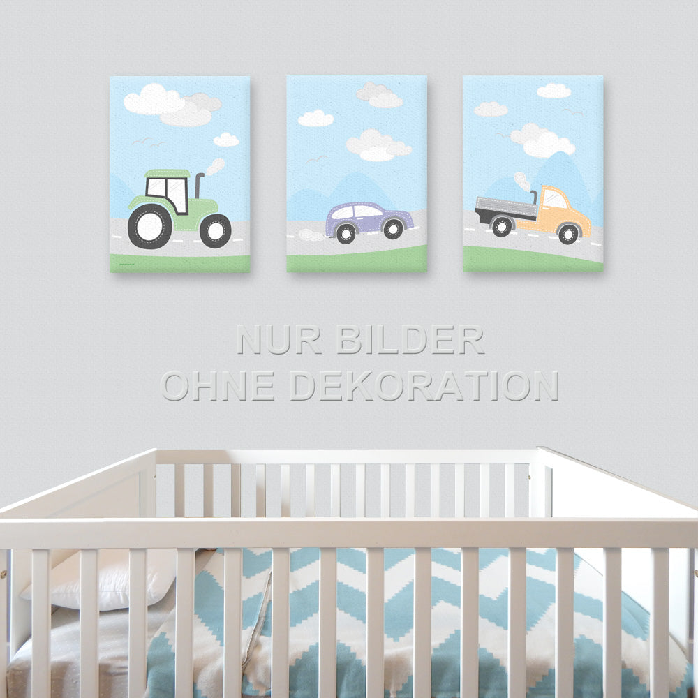 leinwand set "fahrzeuge", 3 verschiedene motive (traktor, auto und lkw), bunte optik, in kinderzimmer, auf grauer tapete