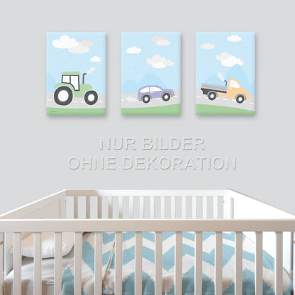 leinwand set "fahrzeuge", 3 verschiedene motive (traktor, auto und lkw), bunte optik, in kinderzimmer, auf grauer tapete