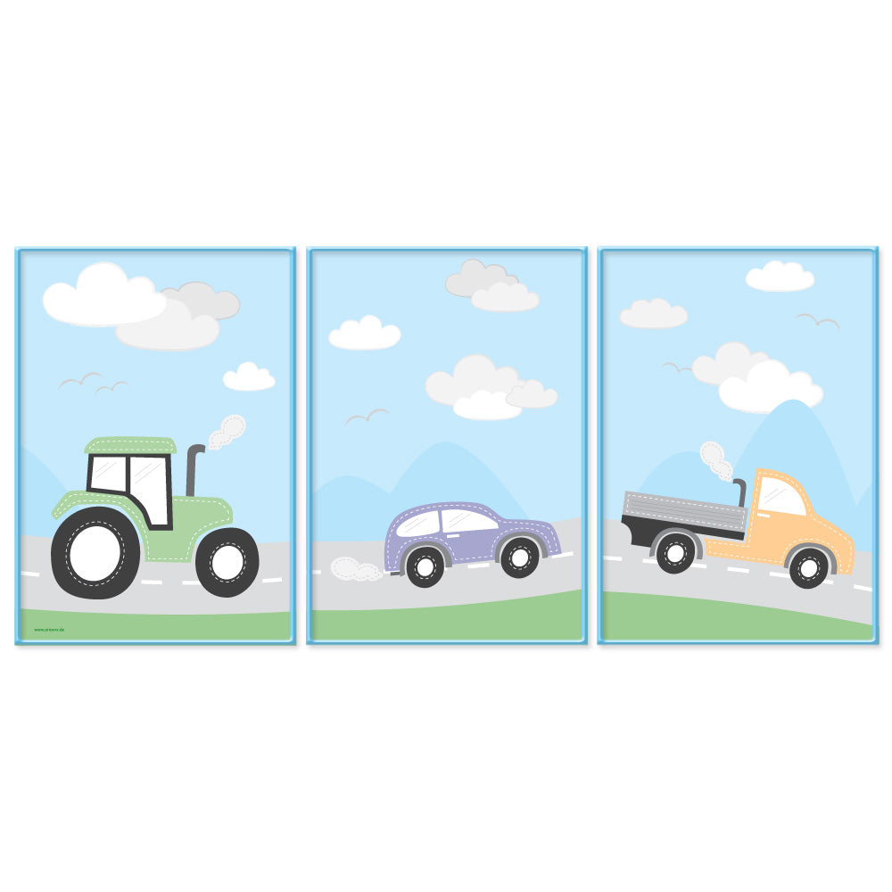 poster set "fahrzeuge", 3 verschiedene motive (traktor, auto und lkw), bunte optik