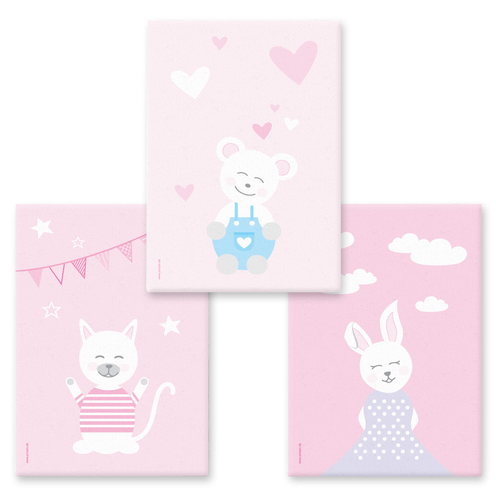 leinwand set "tier harmonie" 3 verschiedene tiermotive auf rosafarbenem hintergrund (katze, teddy, hase)