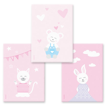 leinwand set "tier harmonie" 3 verschiedene tiermotive auf rosafarbenem hintergrund (katze, teddy, hase)