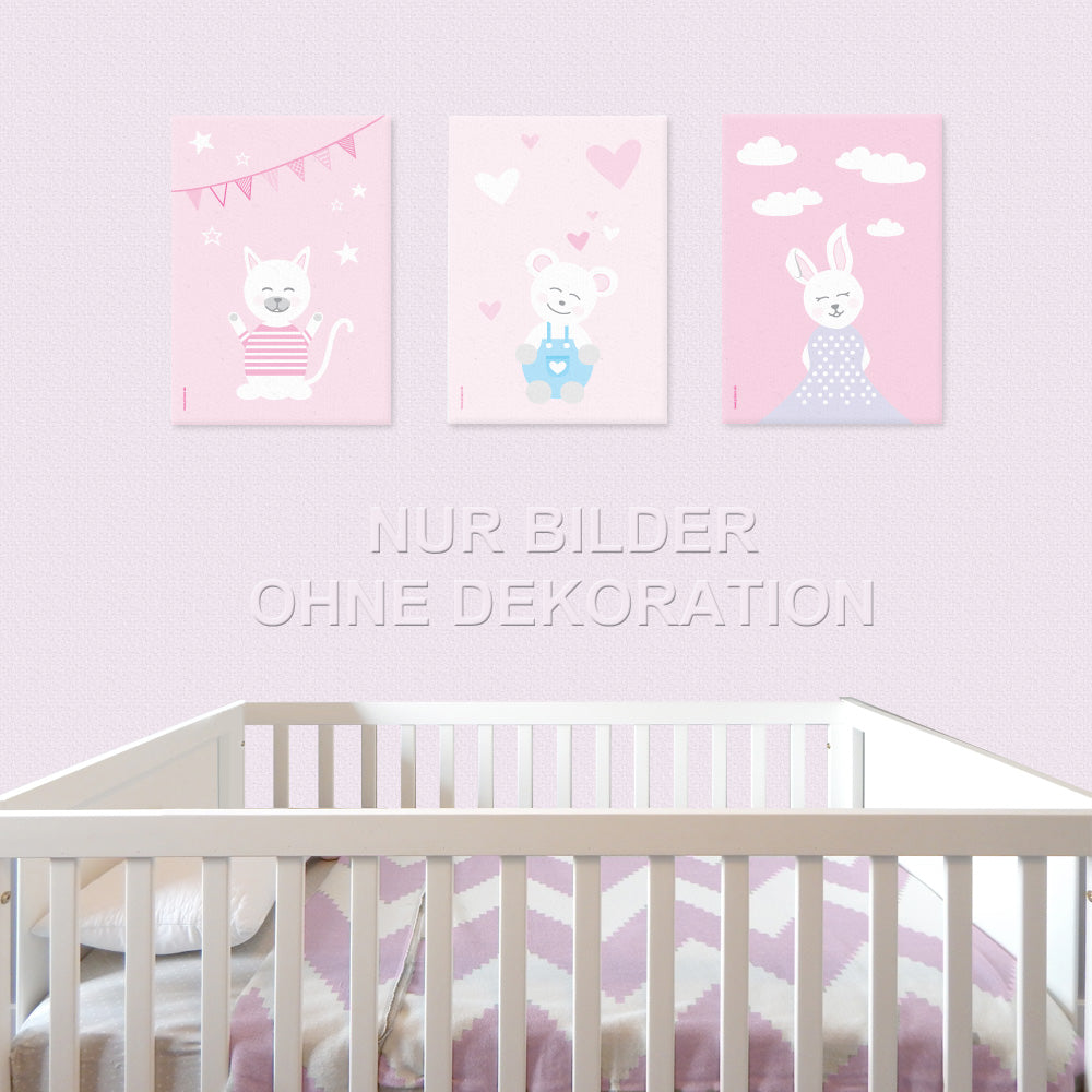 leinwand set "tier harmonie" 3 verschiedene tiermotive auf rosafarbenem hintergrund (katze, teddy, hase), in kinderzimmer auf rosa tapete