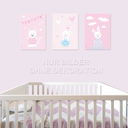 leinwand set "tier harmonie" 3 verschiedene tiermotive auf rosafarbenem hintergrund (katze, teddy, hase), in kinderzimmer auf rosa tapete