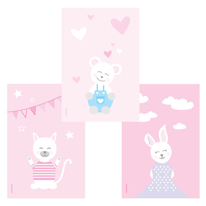 poster set "tier harmonie" 3 verschiedene tiermotive auf rosafarbenem hintergrund (katze, teddy, hase)