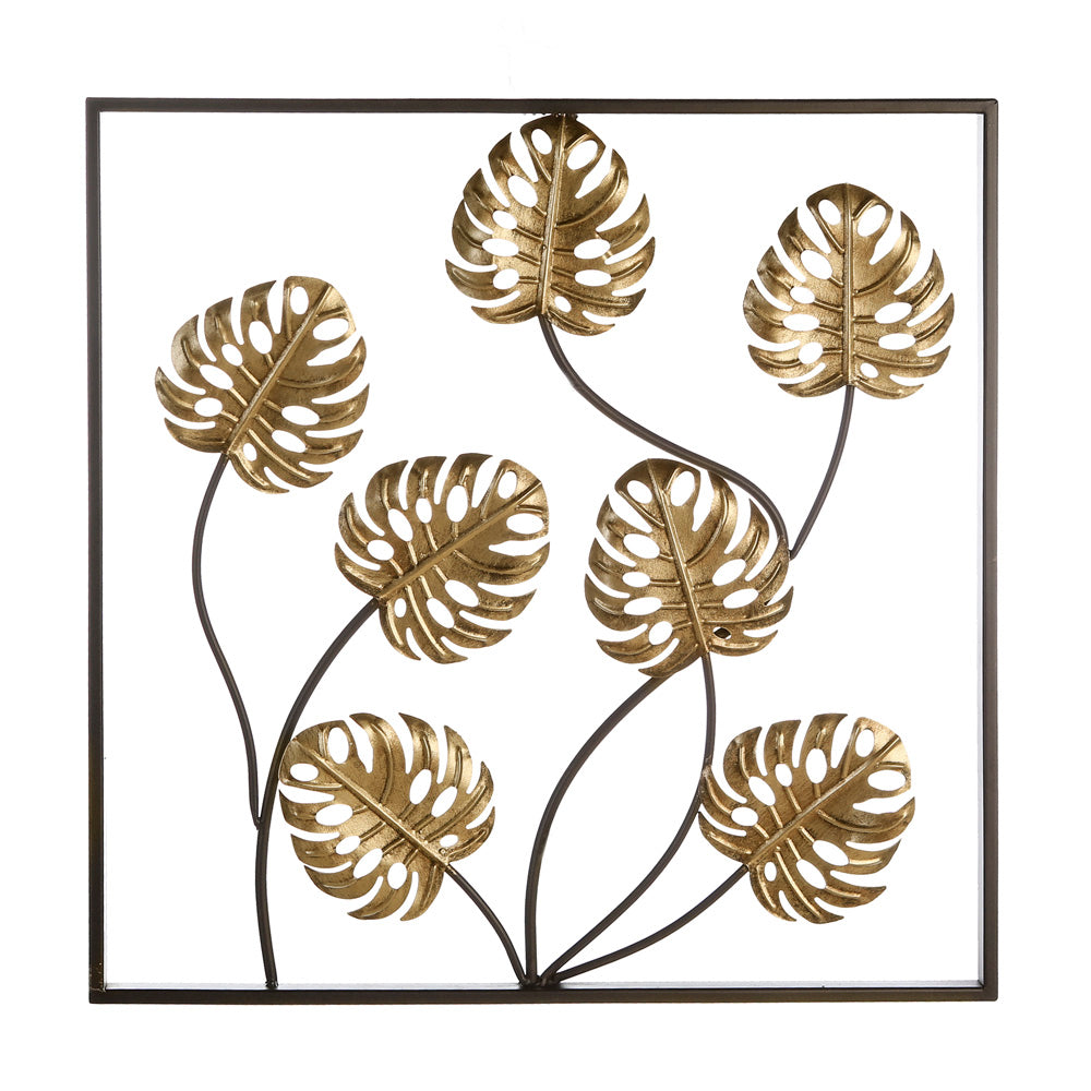 Wandbild "Exotic Leaf"&nbsp; besteht aus einem quadratischen Metallrahmen in den im offenen Design Metalläste mit Metallblättern angeordnet sind. Die Blätter sind in Gold- und Silbertönen gefärbt. Der Rahmen ist dunkelbraun.