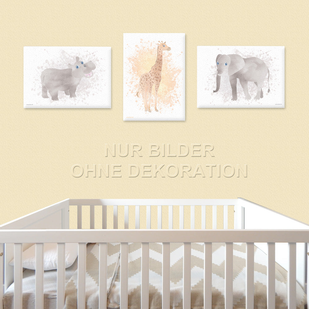leinwand set "afrika tiere" 3 verschiedene tiermotive auf weißem hintergrund (nilpferd, giraffe, elefant), in kinderzimmer auf gelber tapete