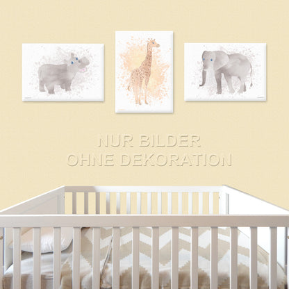 leinwand set "afrika tiere" 3 verschiedene tiermotive auf weißem hintergrund (nilpferd, giraffe, elefant), in kinderzimmer auf gelber tapete