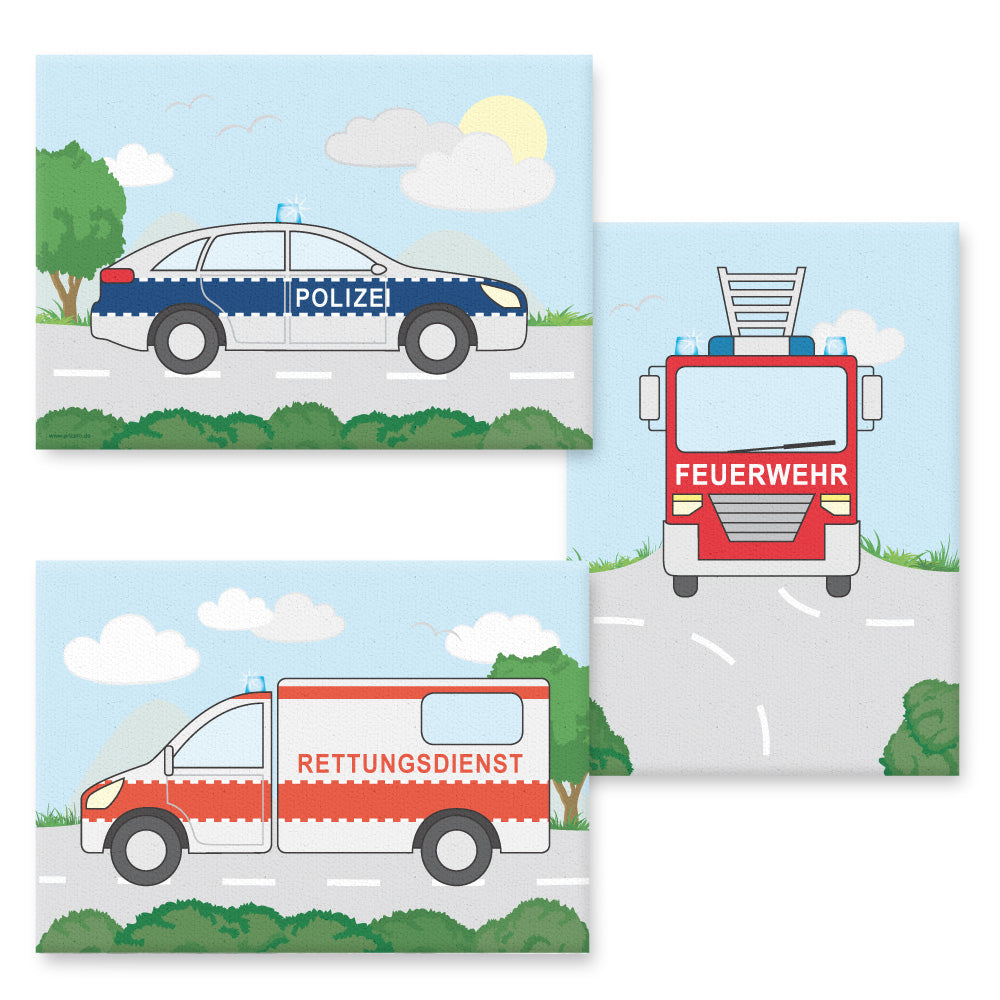 leinwand set "freund und helfer", 3 verschiedene motive (polizei, feuerwehr und rettungsdienst), bunte optik