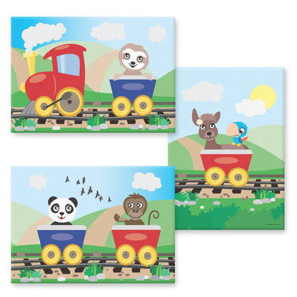 leinwand set "abenteuerreise", 3 verschiedene motive (faultier, reh, panda und affe in eisenbahn), bunte optik