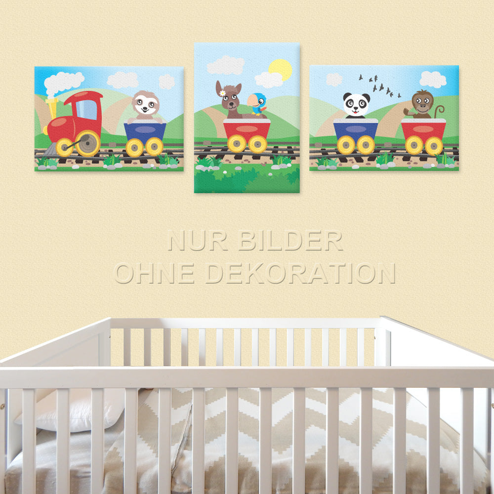 leinwand set "abenteuerreise", 3 verschiedene motive (faultier, reh, panda und affe in eisenbahn), bunte optik, in kinderzimmer auf gelber tapete