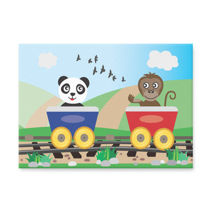 leinwand set "abenteuerreise",motiv panda und affe in eisenbahn, bunte optik