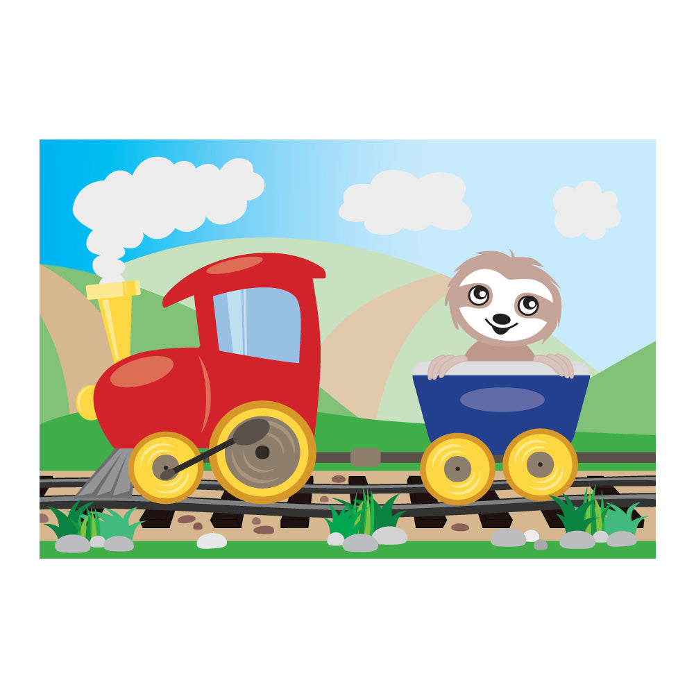 posterset "abenteuerreise",motiv faultier in eisenbahn, bunte optik