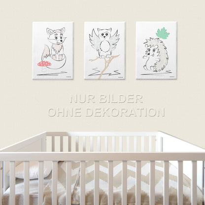 leinwand set "waldtiere", 3 verschiedene tiere auf weißem hintergrund (fuchs, eule und igel), in kinderzimmer auf beiger tapete