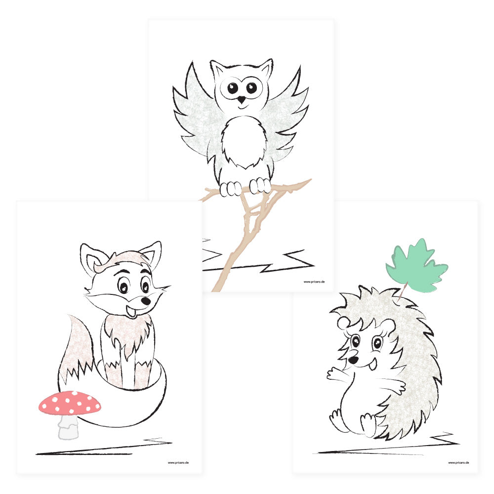 poster set "waldtiere", 3 verschiedene tiere auf weißem hintergrund (fuchs, eule und igel)