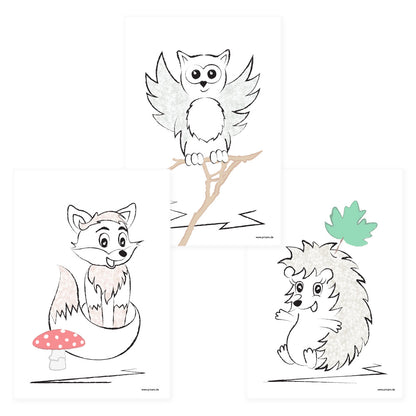 poster set "waldtiere", 3 verschiedene tiere auf weißem hintergrund (fuchs, eule und igel)