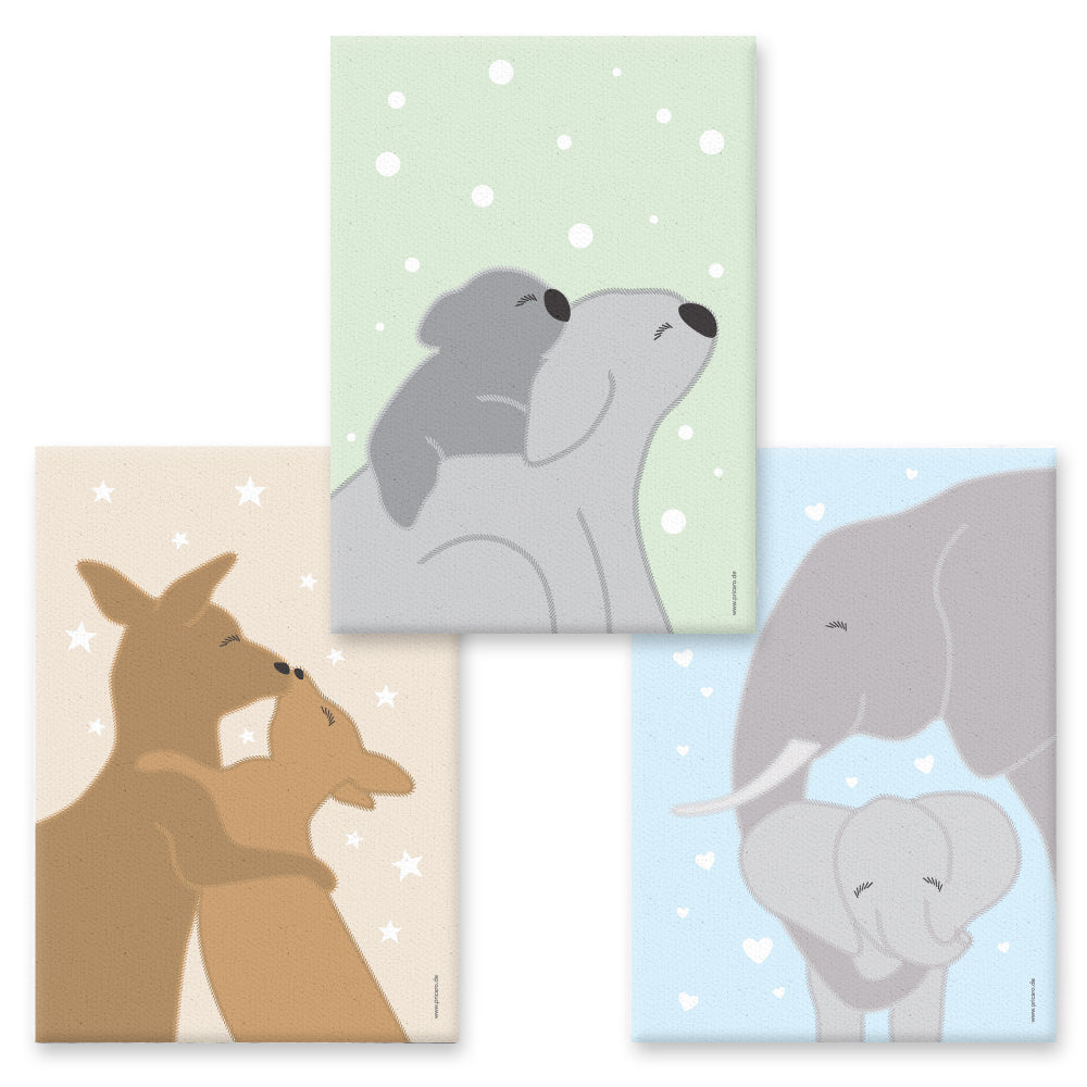 leinwand set "tierliebe", 3 verschiedene tierarten auf buntem hintergrund (koala mama mit kind, kängurumama mit kind, elefantenmama mit kind)