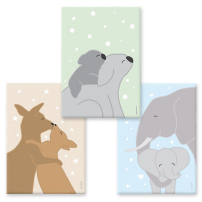 leinwand set "tierliebe", 3 verschiedene tierarten auf buntem hintergrund (koala mama mit kind, kängurumama mit kind, elefantenmama mit kind)