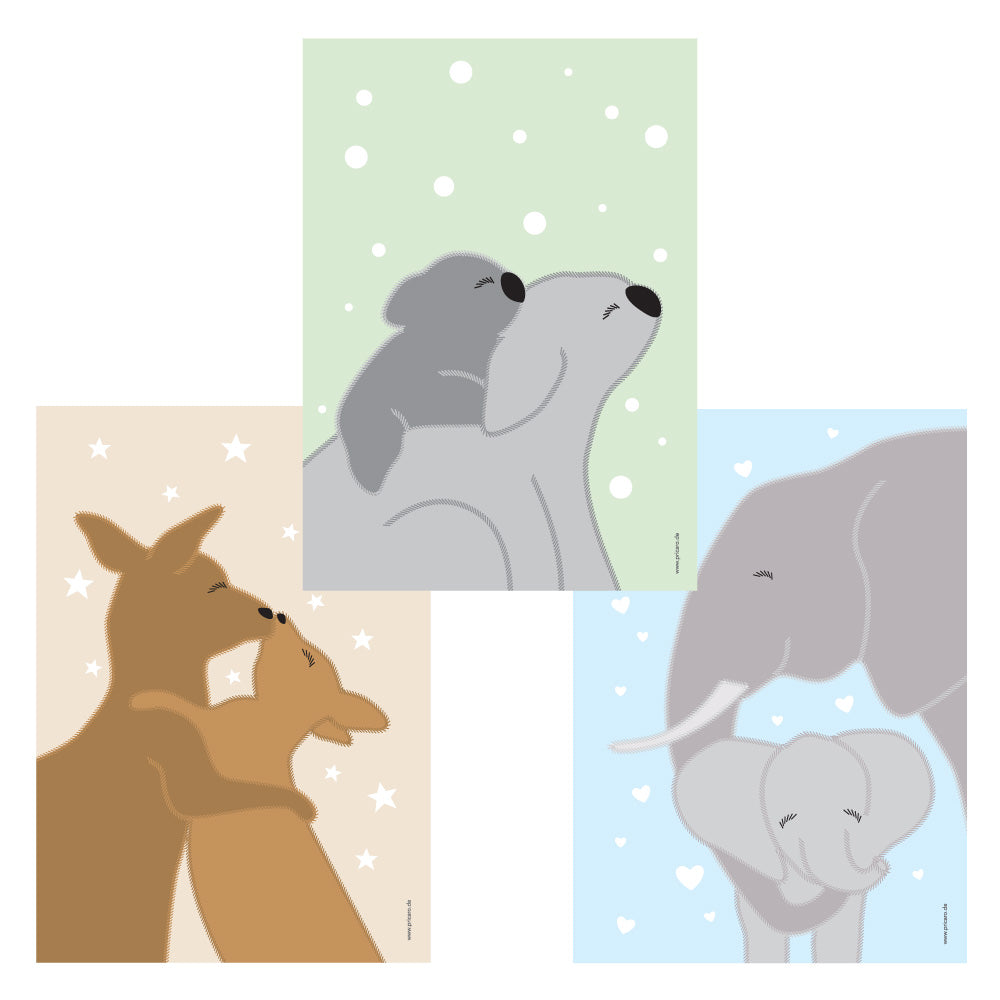 poster set "tierliebe", 3 verschiedene tierarten auf buntem hintergrund (koala mama mit kind, kängurumama mit kind, elefantenmama mit kind)