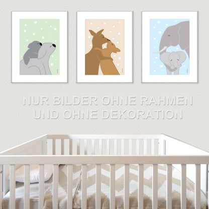 poster set "tierliebe", 3 verschiedene tierarten auf buntem hintergrund (koala mama mit kind, kängurumama mit kind, elefantenmama mit kind), in kinderzimmer auf grauer tapete