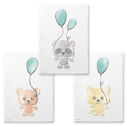 leinwand set "tierkinder", 3 verschiedene tiermotive mit luftballon auf weißem hintergrund (bär, panda und tiger)
