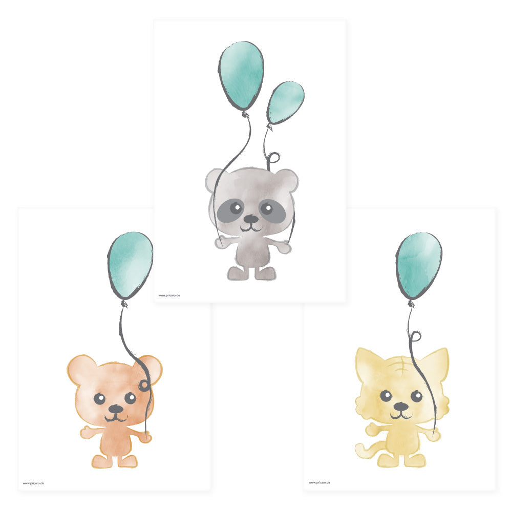 posterset "tierkinder", 3 verschiedene tiermotive mit luftballon auf weißem hintergrund (bär, panda und tiger)