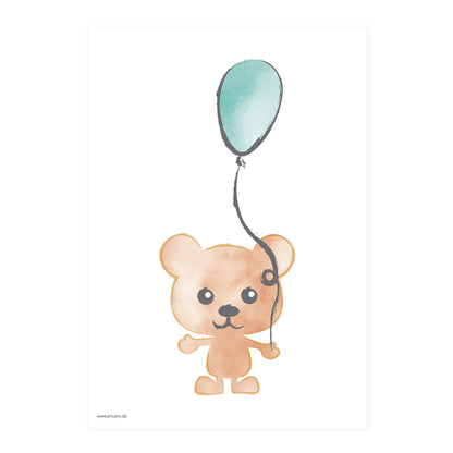posterset "tierkinder", motiv bär mit luftballon auf weißem hintergrund